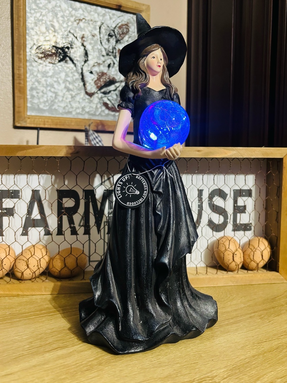 Beautiful Light Up Witch holding glowing blue orb, Halloween Decor